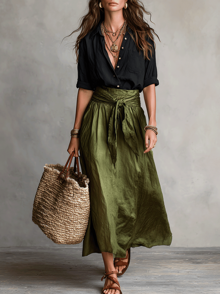 Ensemble Blouse Noire Boho Effortless & Jupe Midi Satin Olive