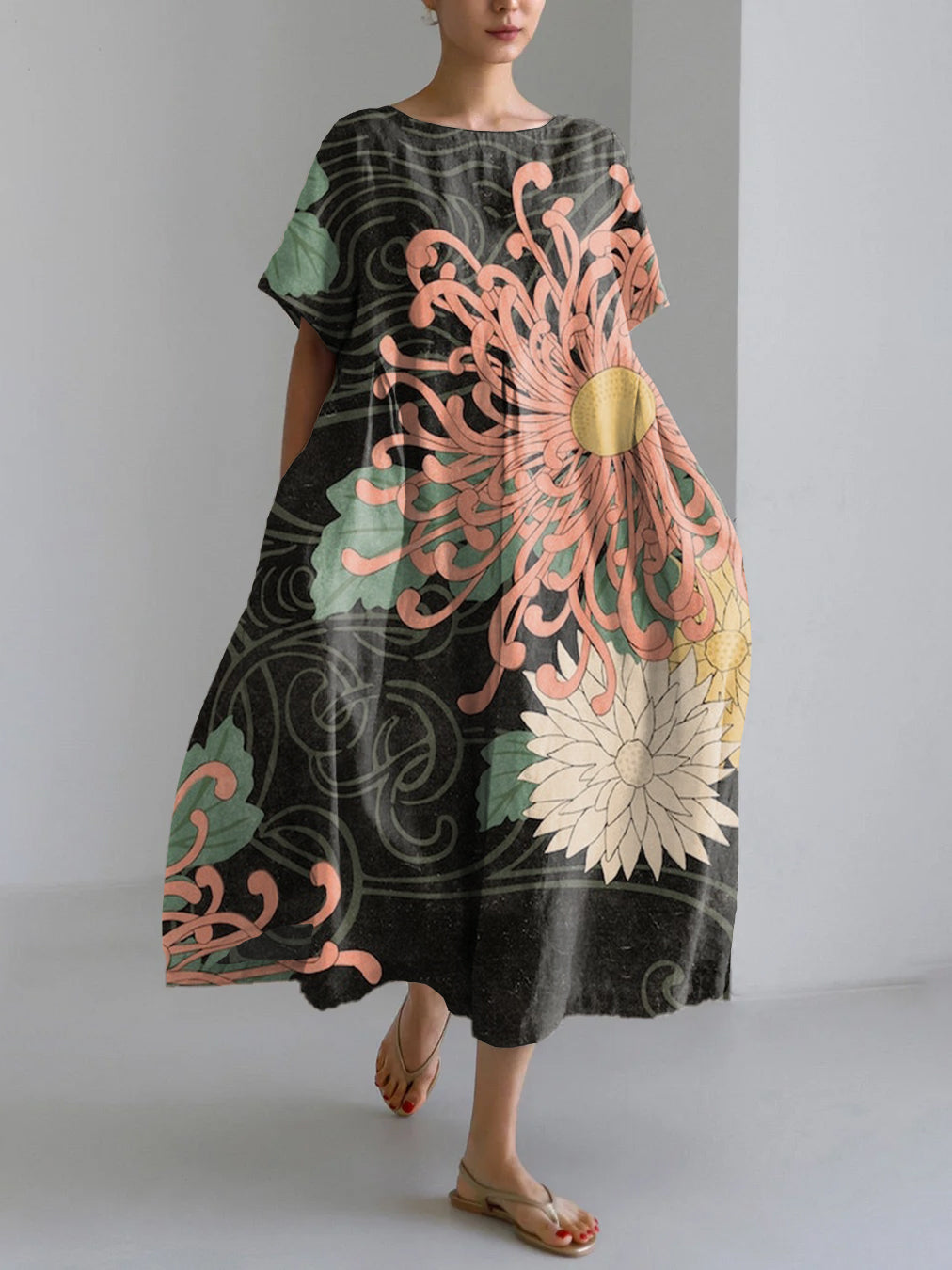 Robe Maxi en Lin Mélangé à Imprimé Floral Japonais