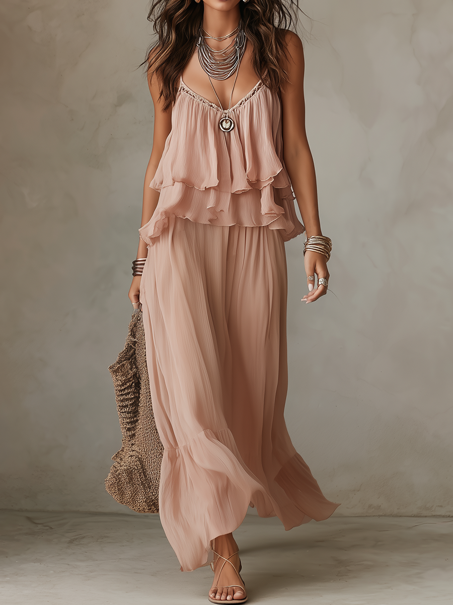 Ensemble Jupe en Chiffon Superposé Rose Doux