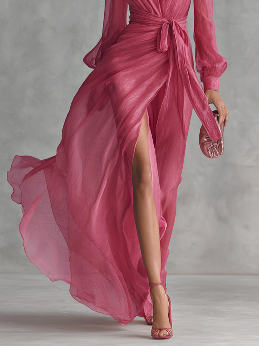 Mia | Robe Maxi Chiffon Rose à Décolleté en V
