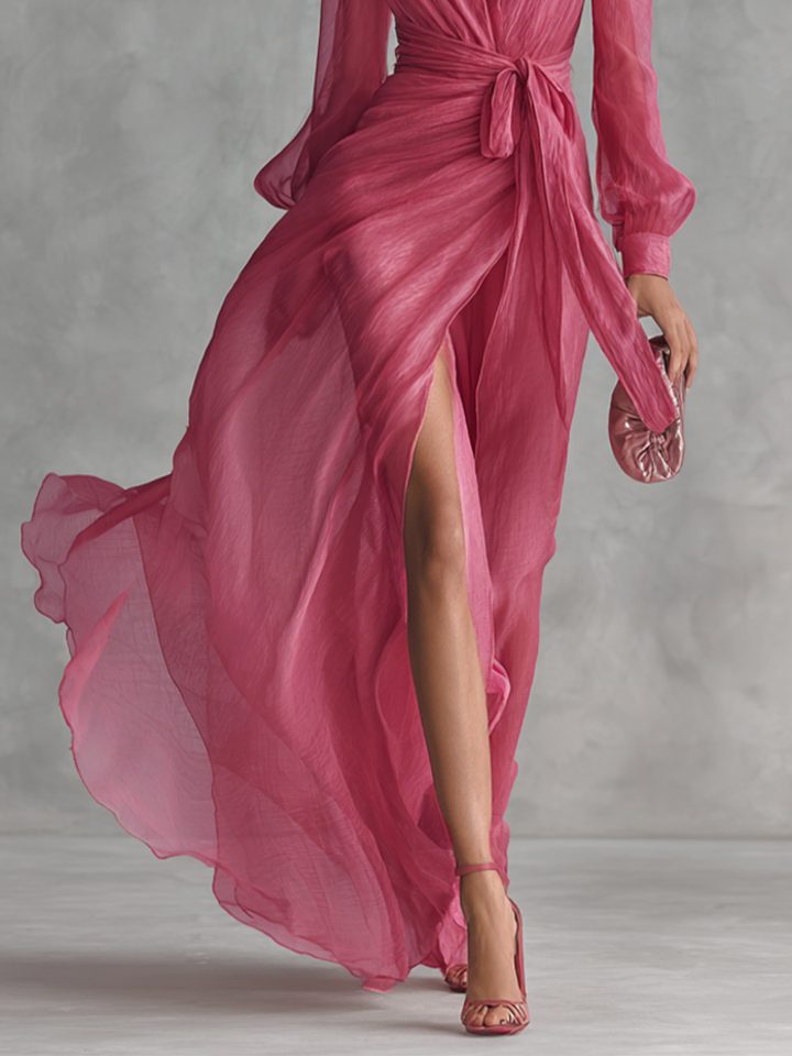 Mia | Robe Maxi Chiffon Rose à Décolleté en V