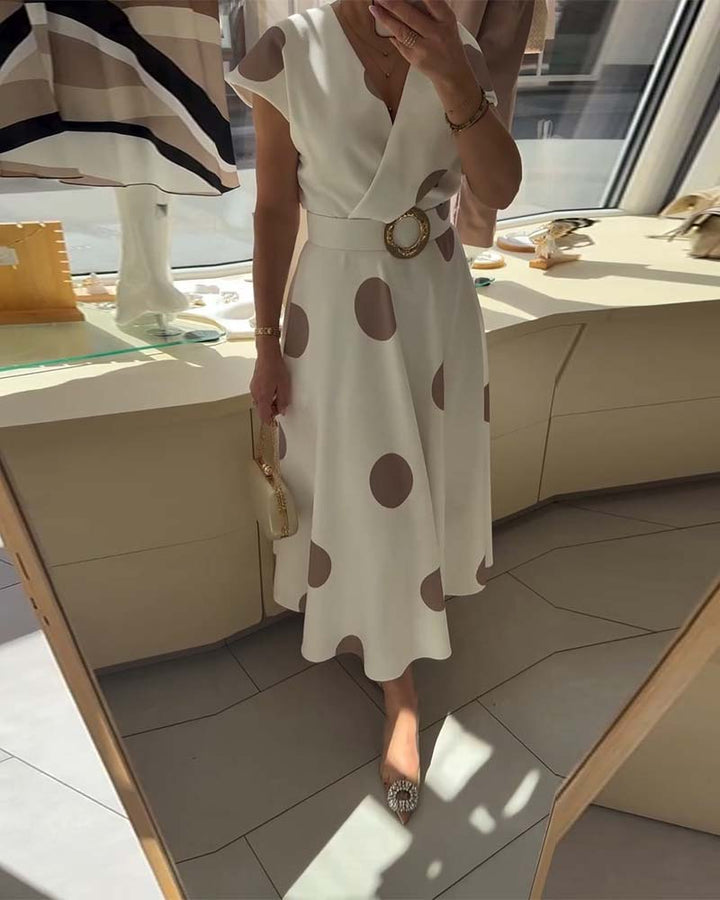 Ariel | Robe Midi Pois Grands Col V & Ceinture Dorée