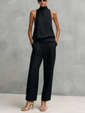 Ensemble Haut Sans Manches et Pantalon Élegant en Coton et Lin Noir pour Femmes