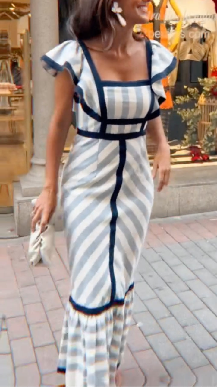 Dianne | Robe Maxi Rayée Col Carré Volants & Liserés Marine