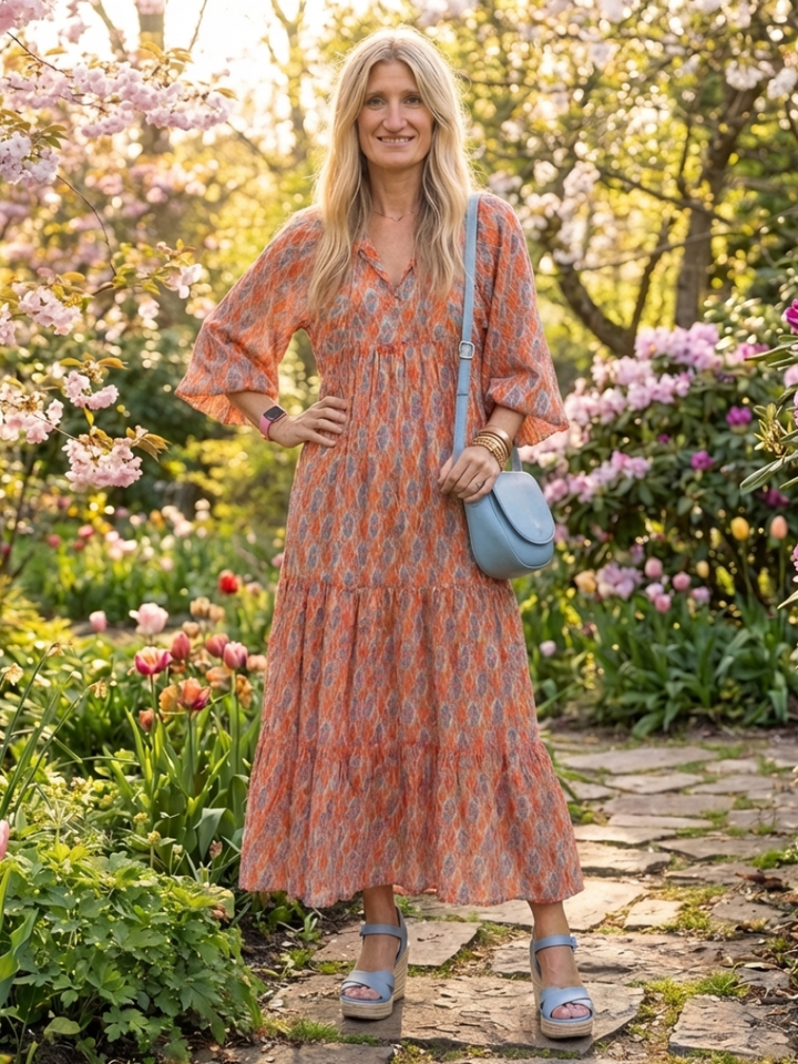 Amara | Robe Midi à Imprimé Géométrique avec Décolleté en V