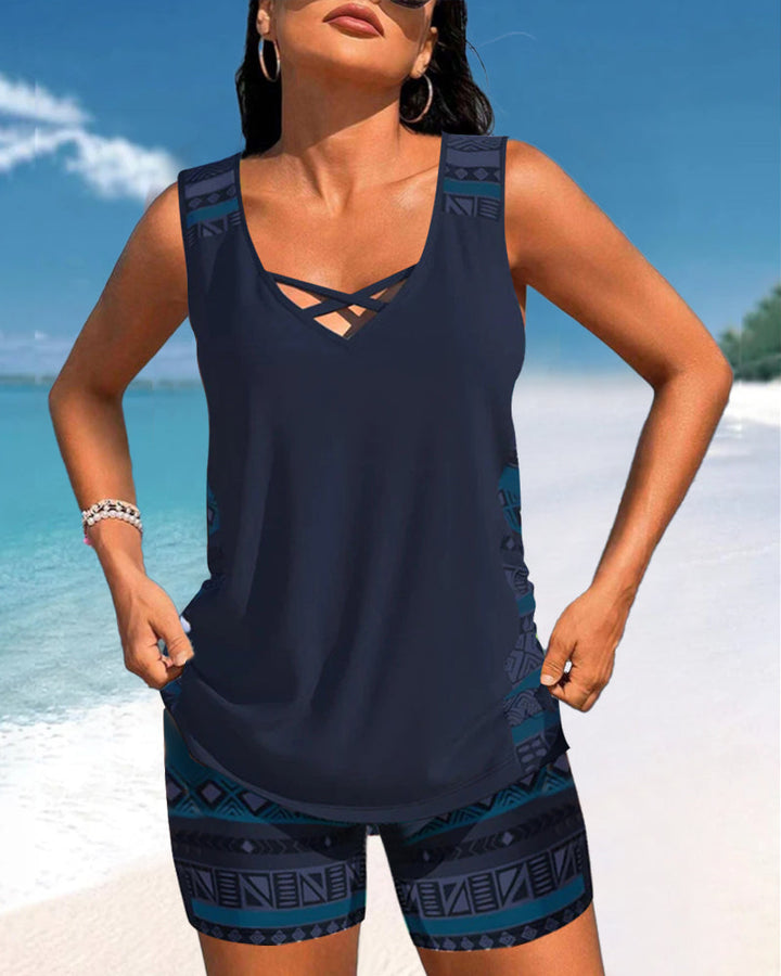 Azura | Tankini Deux Pièces Col V Croisé & Imprimé Géométrique Ethnique