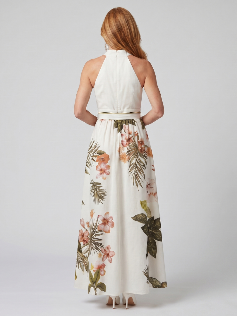 Meadow | Robe maxi à panneaux botaniques avec encolure halter drapée