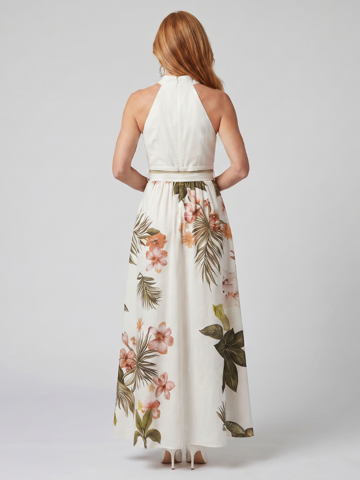 Meadow | Robe maxi à panneaux botaniques avec encolure halter drapée