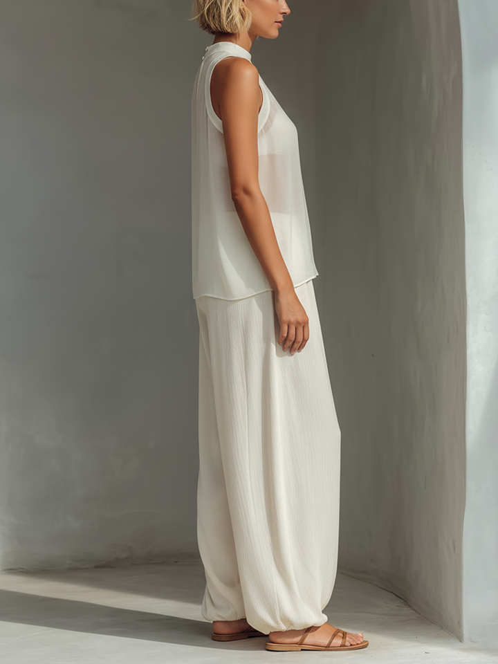Ensemble Deux Pièces Crème Femme Avec Top Sans Manches En Chiffon Semi-Transparent & Pantalons À Jambe Large En Mélange De Coton Et Lin