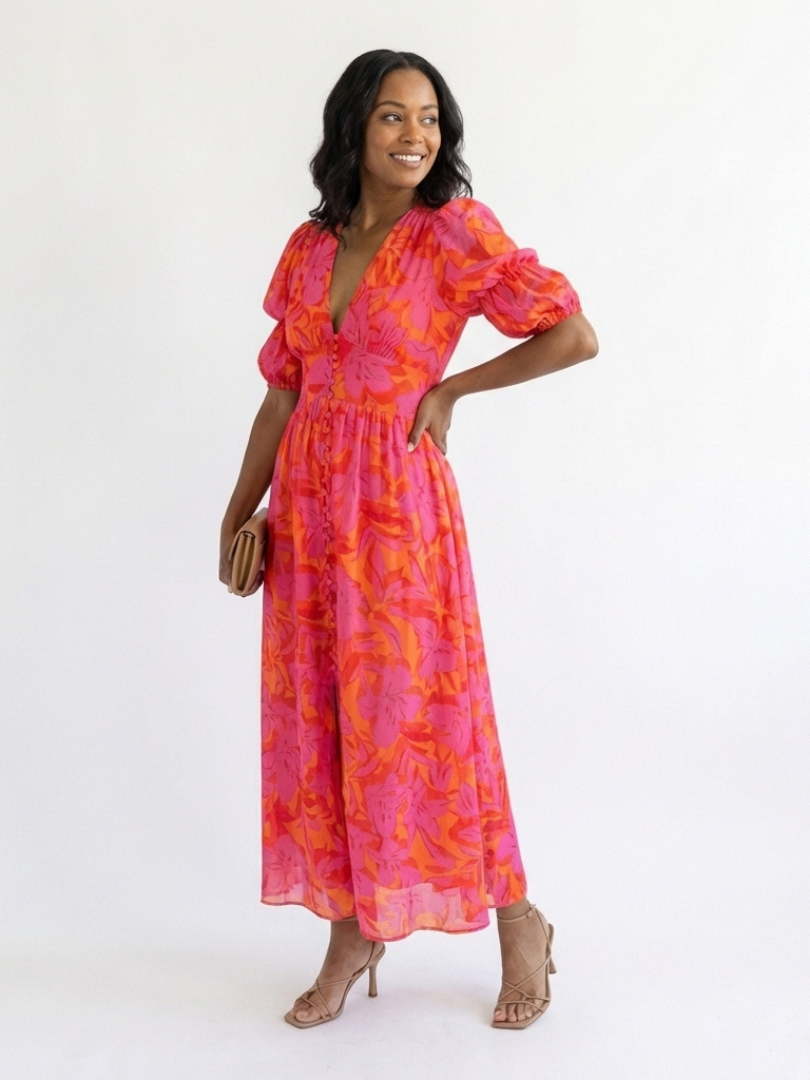 Saule | Robe Midi à Manches Bouffantes et Décolleté en V Floral