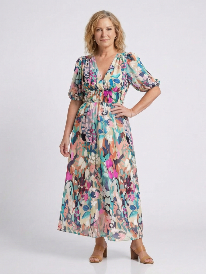 Eulalie | Robe Midi à Manches Courtes et Taille Rassemblée en V