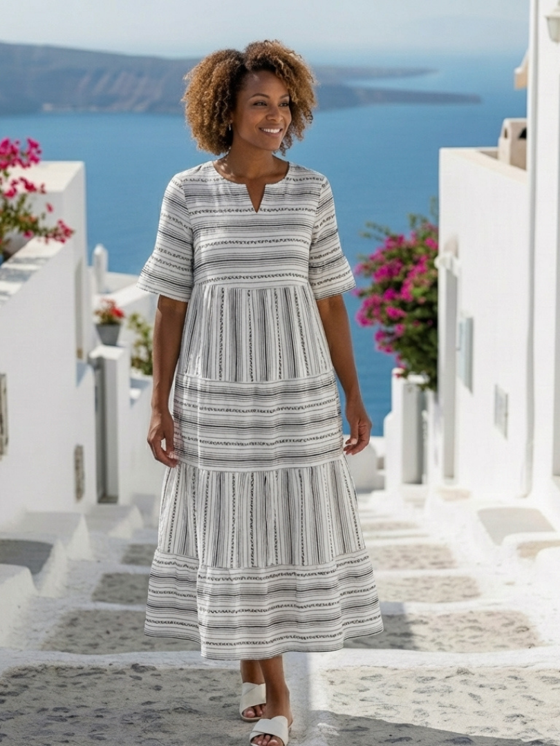 Parisa | Robe Midi à Manches Courtes à Rayures Étagées