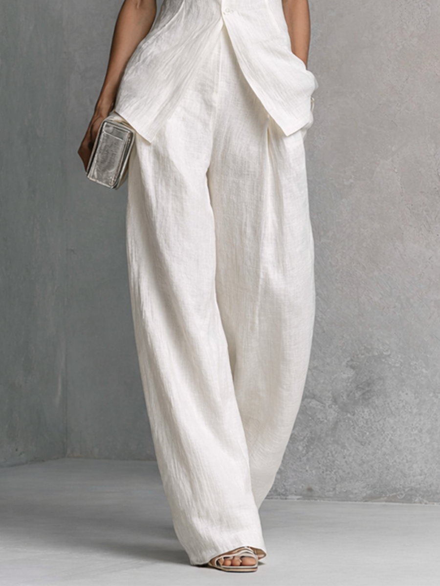 Ensemble élégant en coton lin blanc sans manches pour femmes avec pantalon large