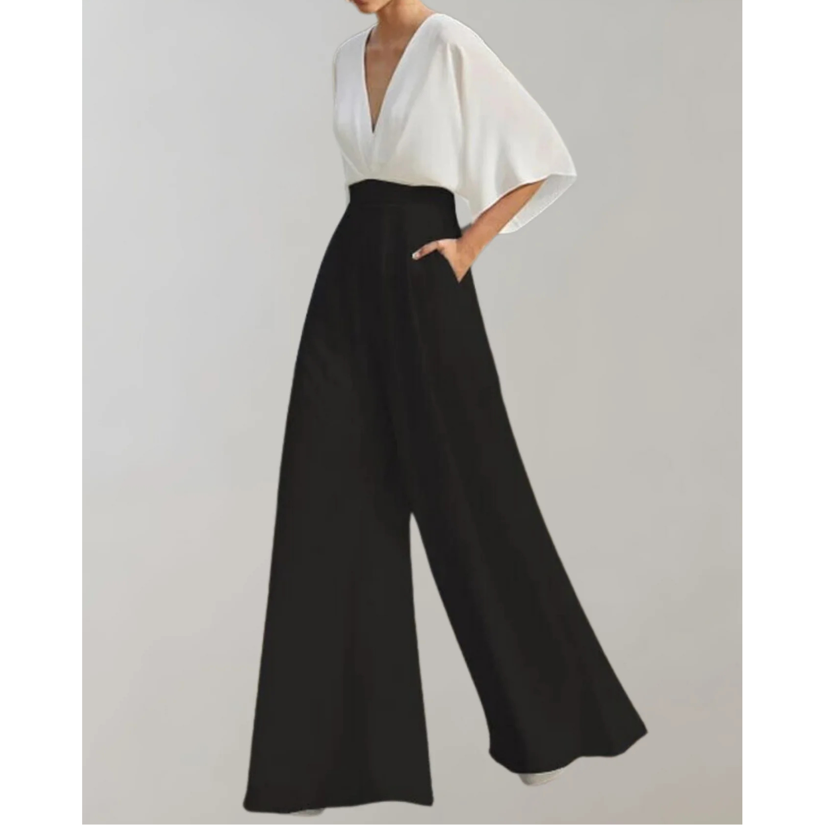 Célia | Combinaison Fluide Col V & Jambes Larges