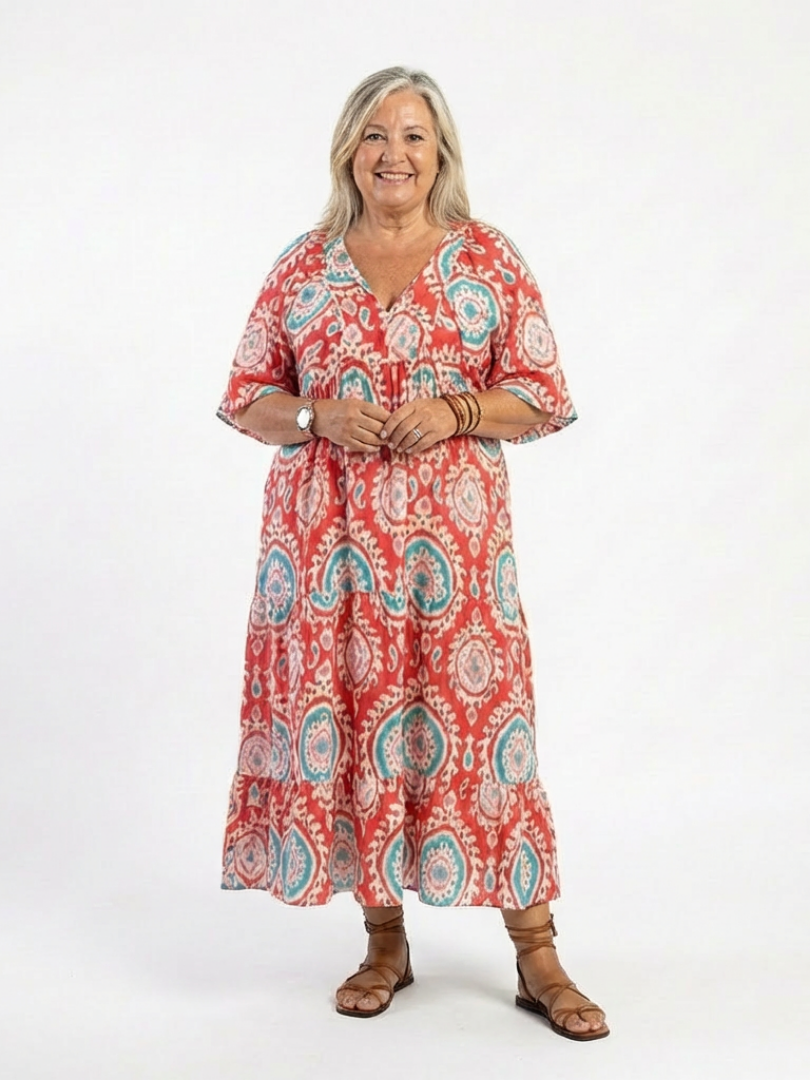 Zaria | Robe midi à manches courtes et décolleté en V imprimé paisley