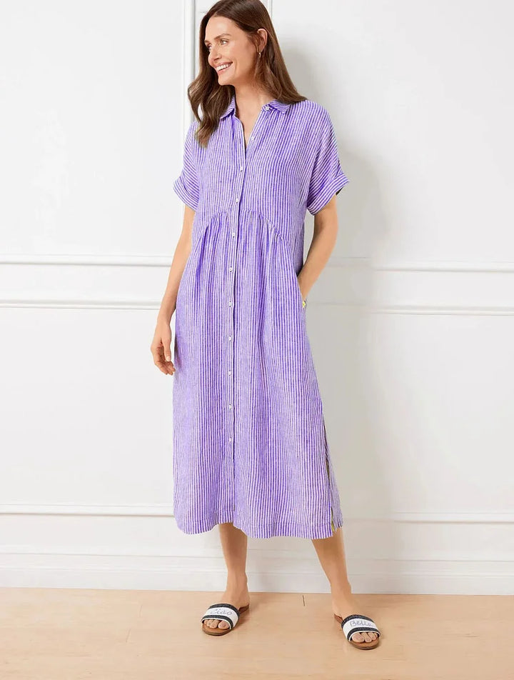 Wendy | Robe Chemise Rayée Lin & Manches Courtes