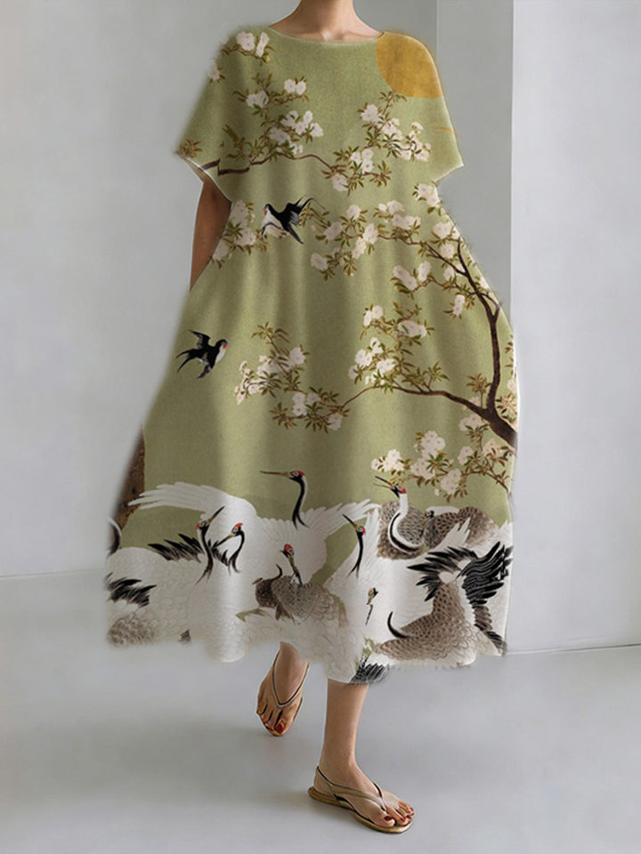 Robe en Coton Lin avec Art de Grue Japonaise et Plantes à Col Rond