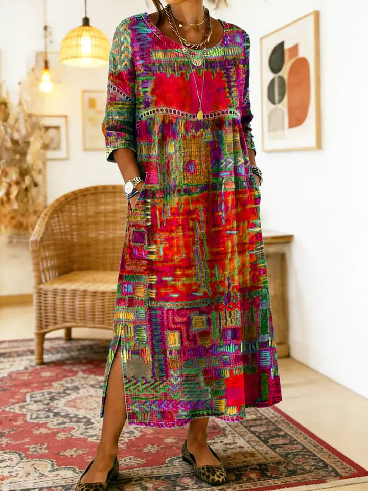 Manuela | Robe Midi Imprimé Patchwork Coloré & Poches Latérales