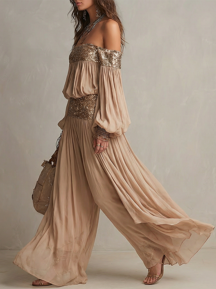 Ensemble Top Bustier À Paillettes Bohémien Et Pantalons Amples