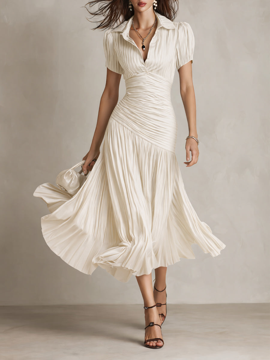 Adriana - Robe Midi en Satin Rayée Rétro