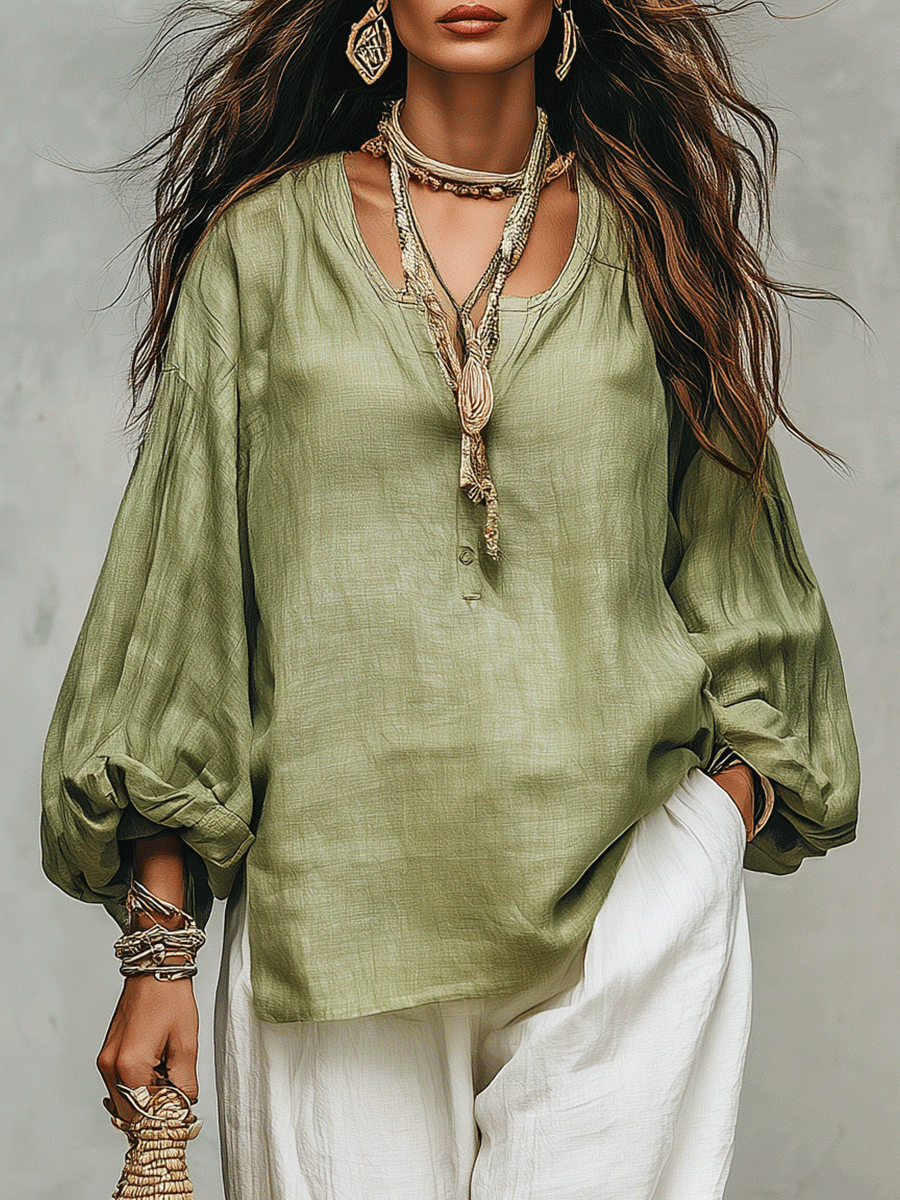 Ensemble Évasion Quotidienne : Blouse en Lin Sauge & Pantalons Blancs Amples