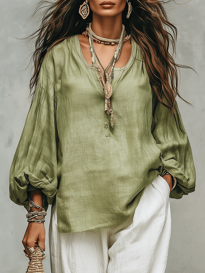 Ensemble Évasion Quotidienne : Blouse en Lin Sauge & Pantalons Blancs Amples