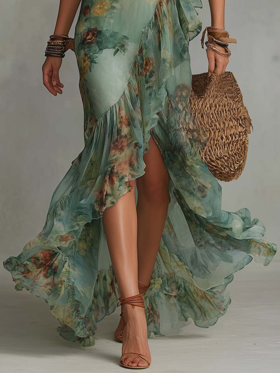 Aurora – Robe Maxi Florale Boho avec un Ourlet Asymétrique Romantique