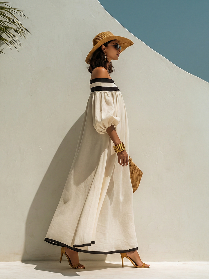 Élise | Robe Maxi Épaules Dénudées En Coton Lin