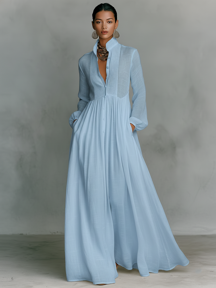 Zoey | Robe maxi en patchwork de coton et lin avec col montant