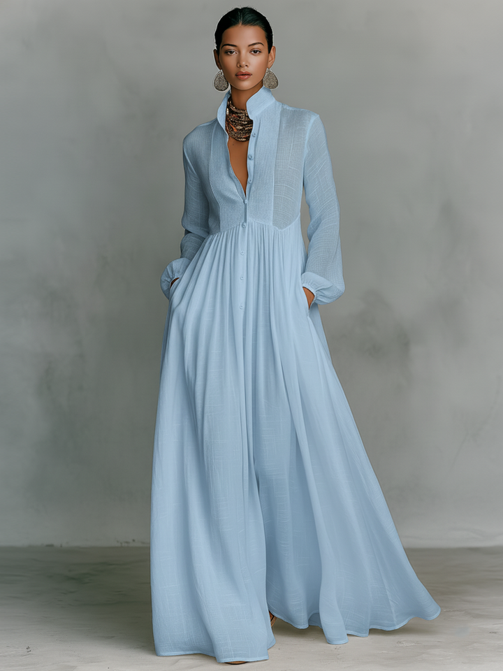 Zoey | Robe maxi en patchwork de coton et lin avec col montant