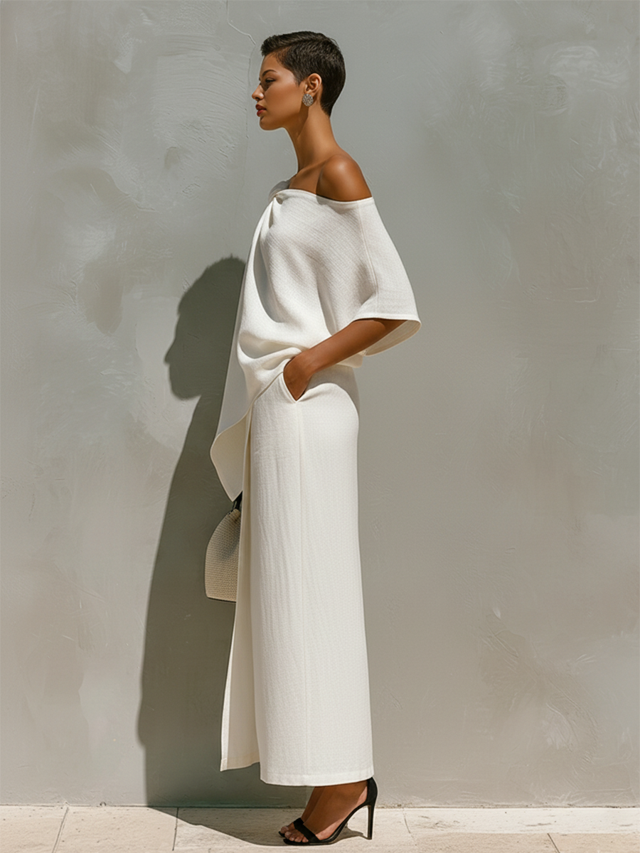 Ensemble en Lin Blanc pour Femmes avec Détail de Nœud Épaule Unique et Fente Avant, Ensemble Minimaliste-Resort Intemporel