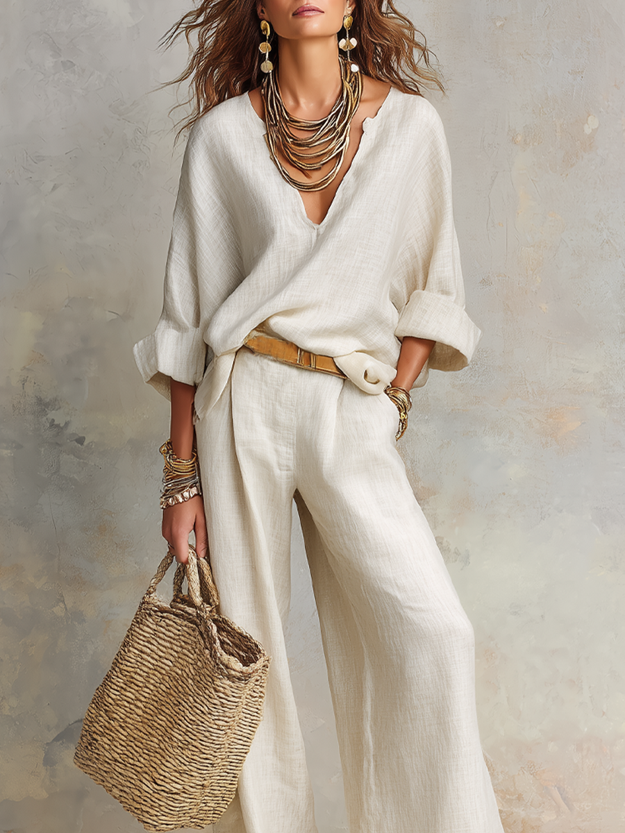 Ensemble de vêtements de loisirs en lin naturel blanc cassé à coupe décontractée