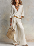 Ensemble de vêtements de loisirs en lin naturel blanc cassé à coupe décontractée