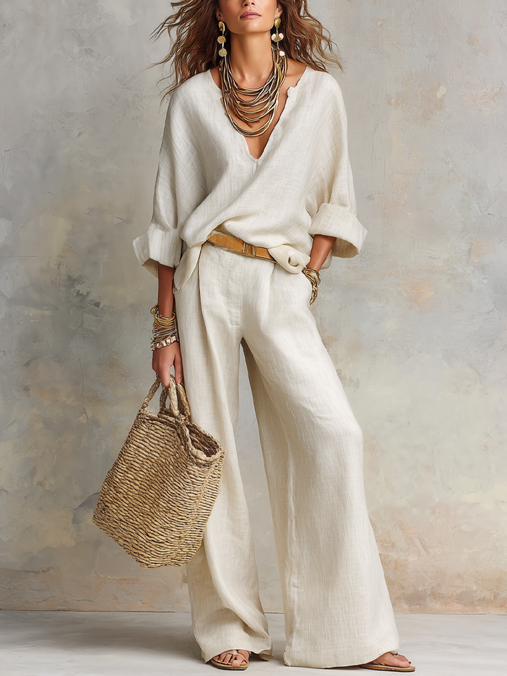 Ensemble de vêtements de loisirs en lin naturel blanc cassé à coupe décontractée