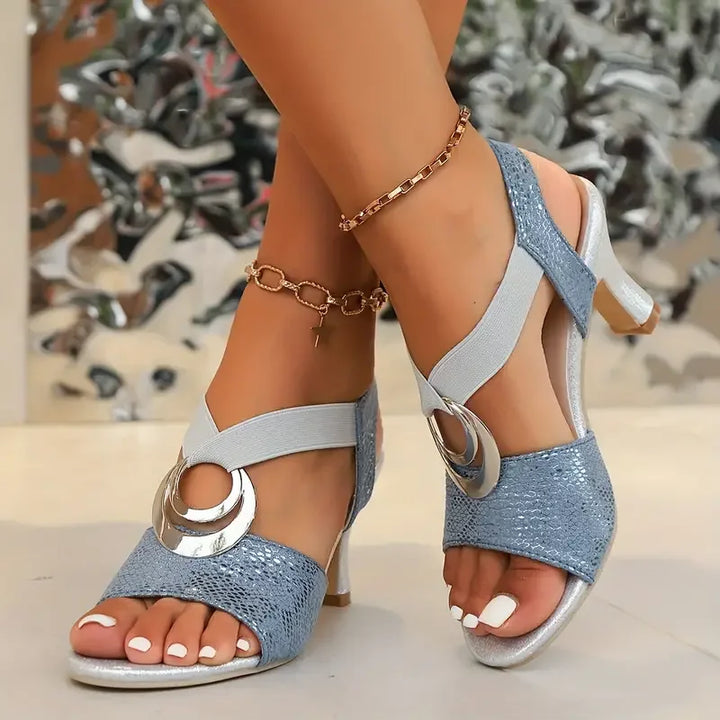 Avenelle | Sandales Talon Bloc Bride Élastique & Anneau Argenté