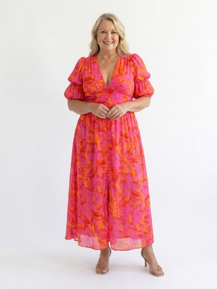 Saule | Robe Midi à Manches Bouffantes et Décolleté en V Floral