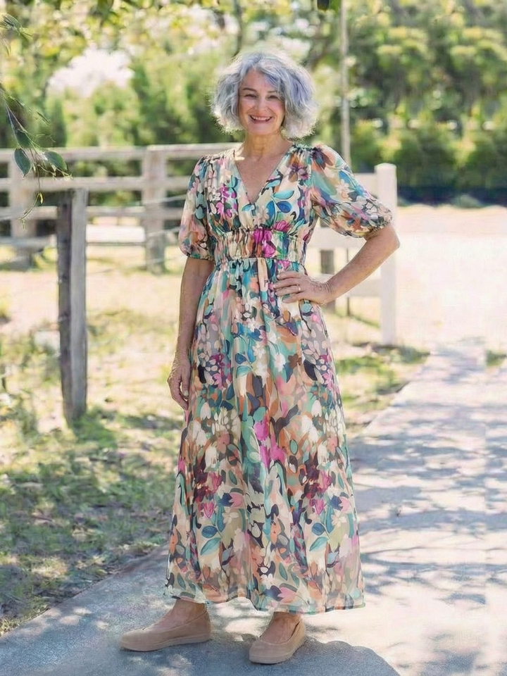 Eulalie | Robe Midi à Manches Courtes et Taille Rassemblée en V