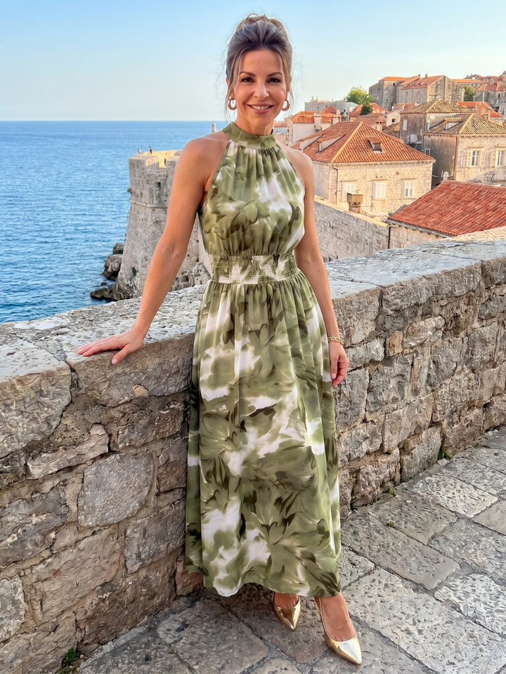 Olivia | Robe Midi à Taille Froncée Imprimé Abstrait
