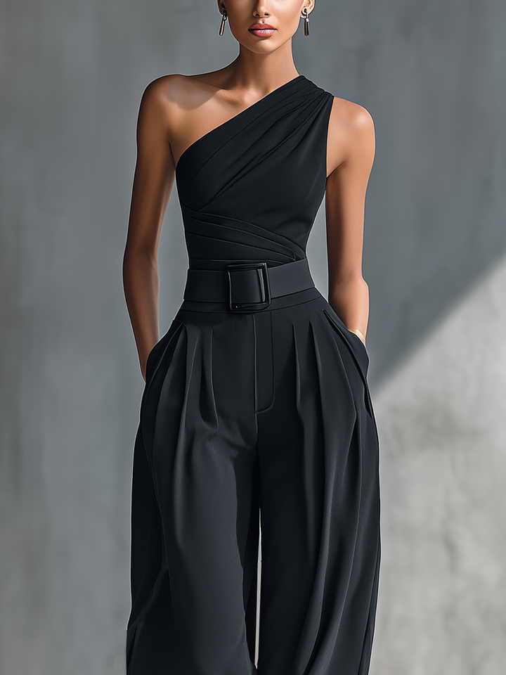 Haut en Tricot Noir à Haute Élastique pour Femmes et Pantalon Large en Acétate