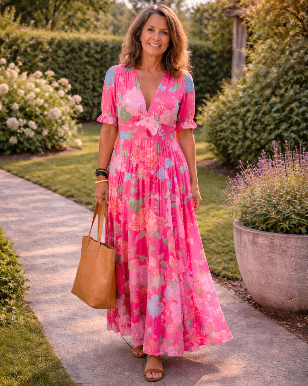Ione | Robe midi florale à manches courtes et décolleté en V