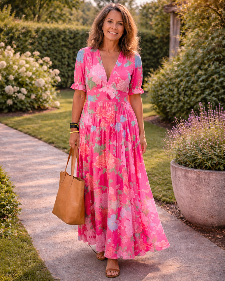Ione | Robe midi florale à manches courtes et décolleté en V