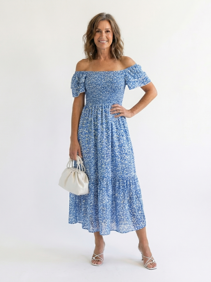 Odette | Robe Midi Fleurs à Épaules Dénudées
