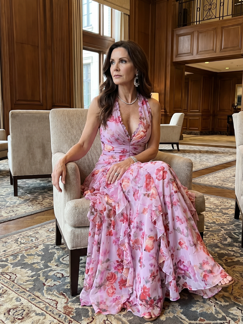 Nori | Robe Maxi Florale à Encolure Halter et Corps Froncé