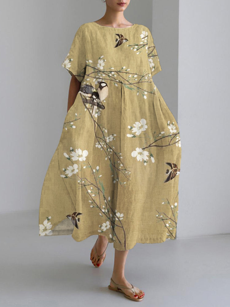 Robe Maxi en Lin Mélangé avec Art Oiseaux et Fleurs