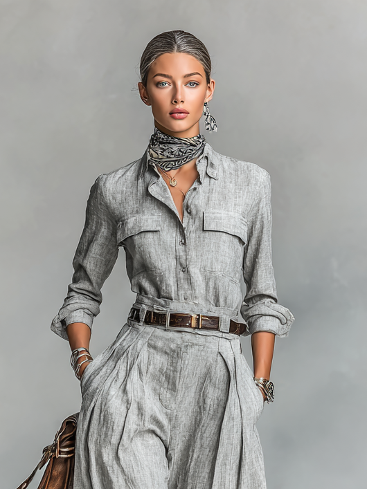 Chemise en mélange coton-lin à manches longues et pantalon ensemble deux pièces (ceinture non incluse)