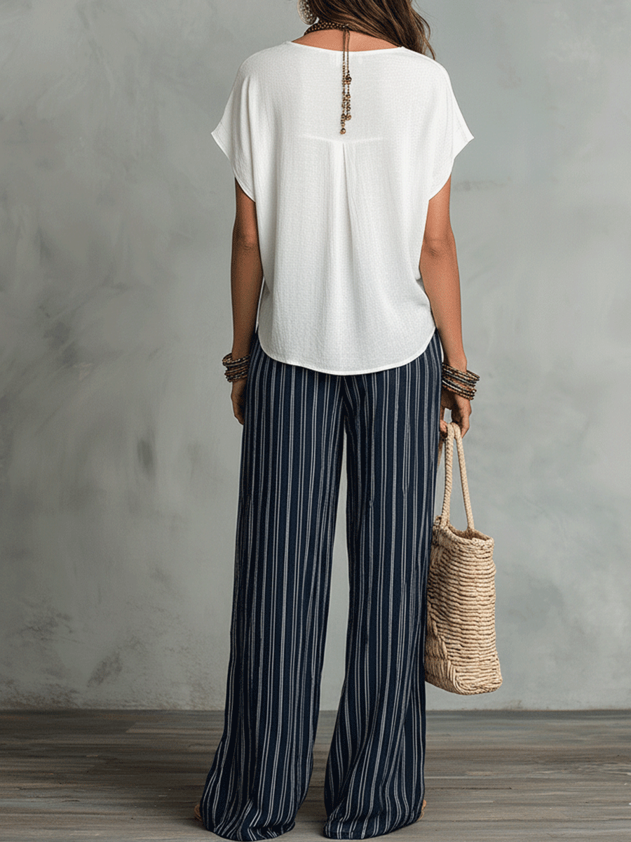 Pantalon Large à Rayures Bohémiennes Détendu et Sans Effort
