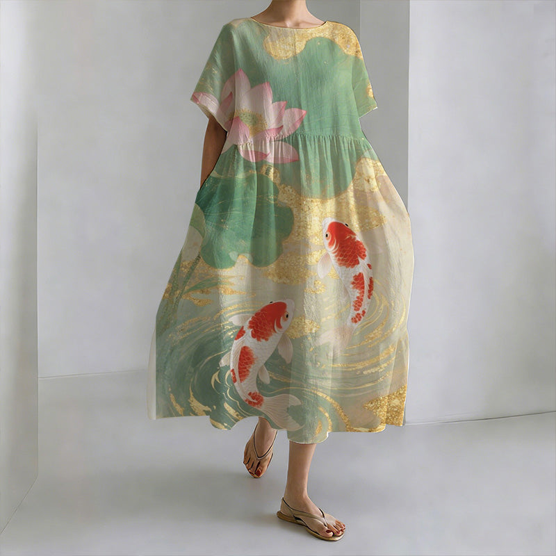 Robe décontractée à col rond style japonais Koi et étang de lotus