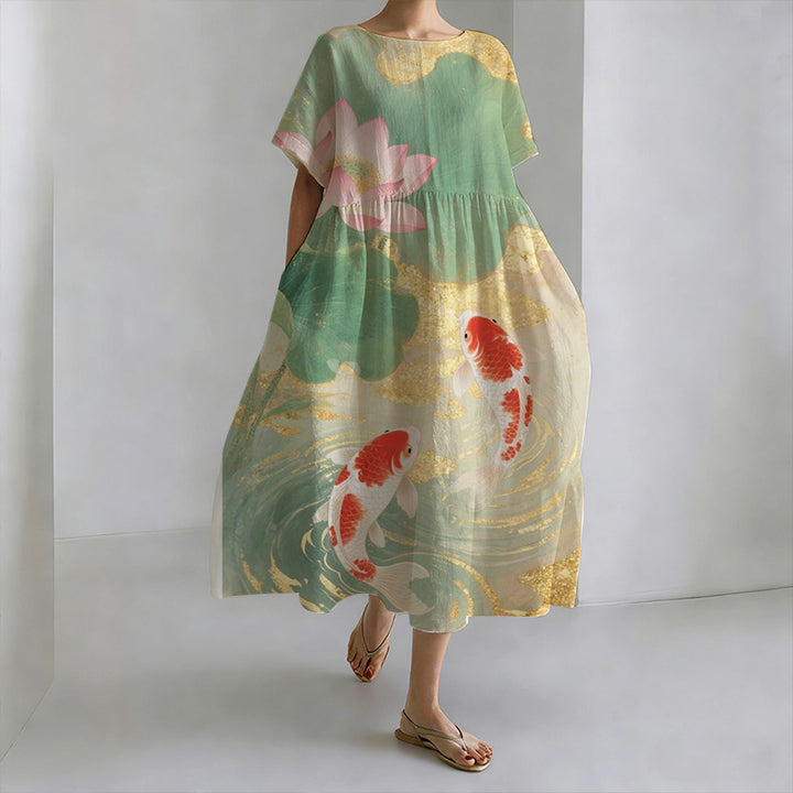 Robe décontractée à col rond style japonais Koi et étang de lotus