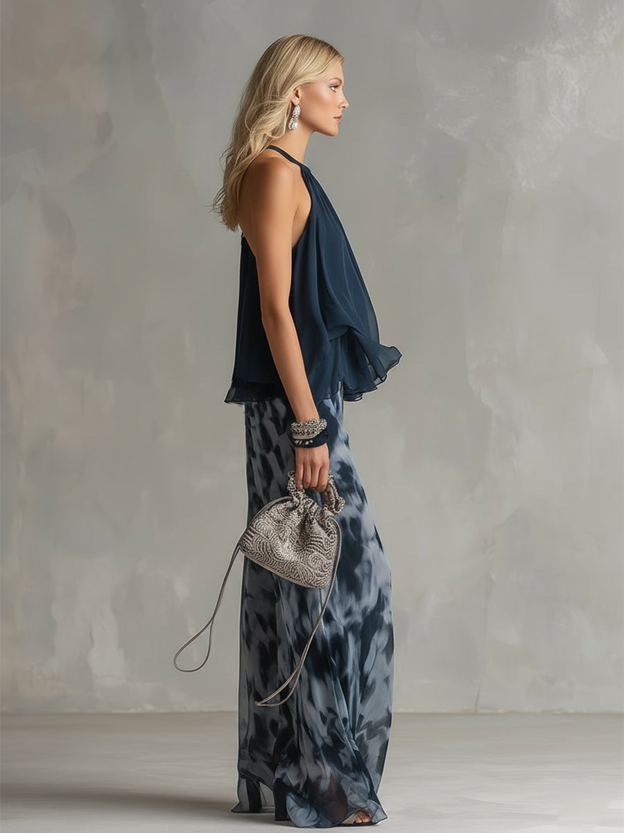 Ludovica – Ensemble élégant en chiffon avec haut à col montant et pantalon large imprimé