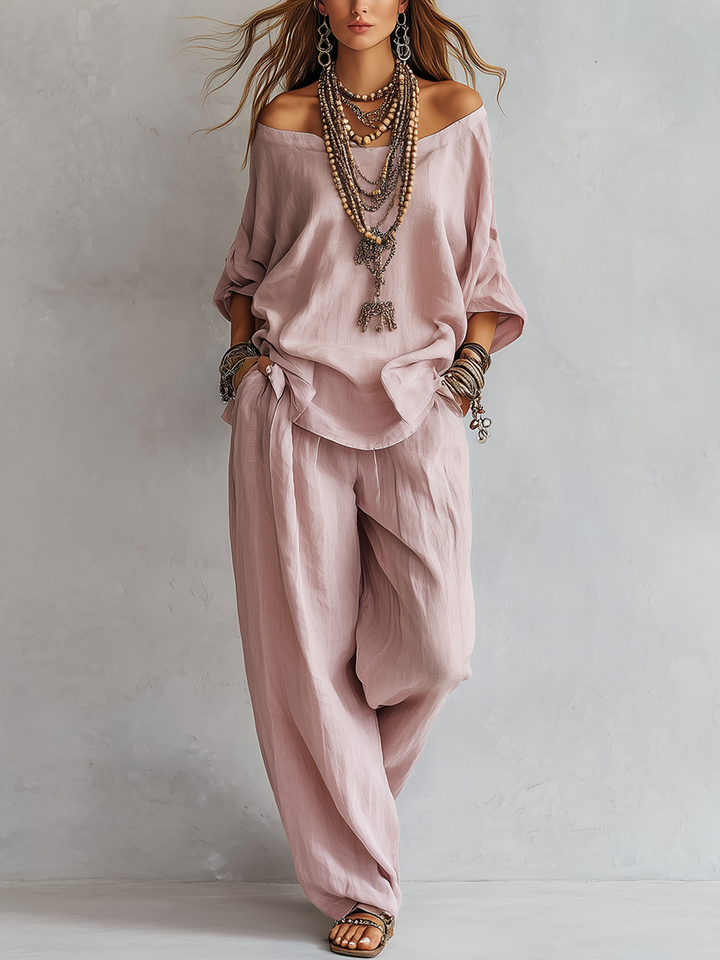Ensemble de Pantalons Amples en Lin Rose Clair